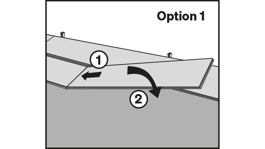 Klicksystem Multiclic Variante 1: kopf- und längsseitiges Einwinkeln der Diele Klicksystem Multiclic Variante 1: kopf- und längsseitiges Einwinkeln der Diele